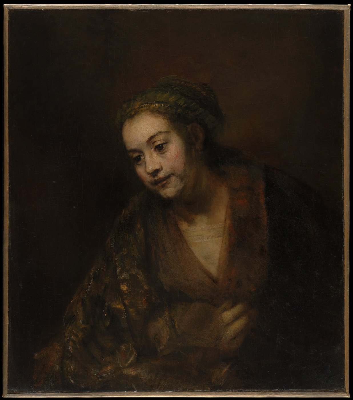Rembrandt, Portret Hendrickje Stoffels (ok. 1654–1656, The Met) — chiaroscuro i impast: twarz wydobyta światłem z ciemnego tła, gruba, szpaclowana farba przy dekolcie · źródło: The Metropolitan Museum of Art, Wikimedia Commons, CC0