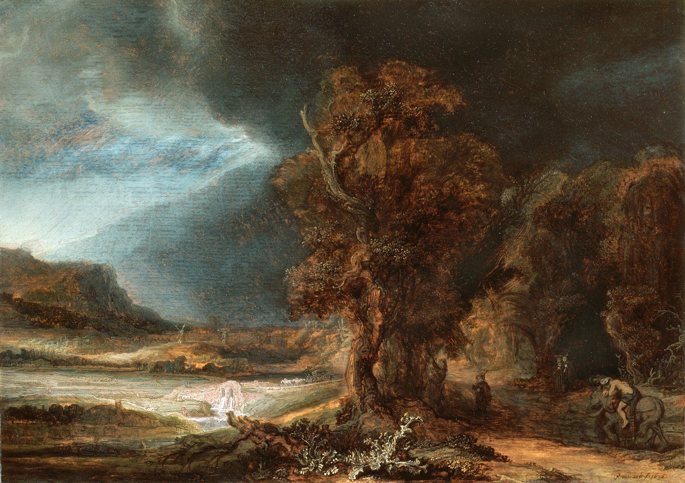 Rembrandt, Pejzaż z miłosiernym Samarytaninem (1638, Muzeum Czartoryskich) — mistrzowski światłocień; temat biblijny jako studium ludzkiej natury · źródło: Rembrandt, Wikimedia Commons, domena publiczna