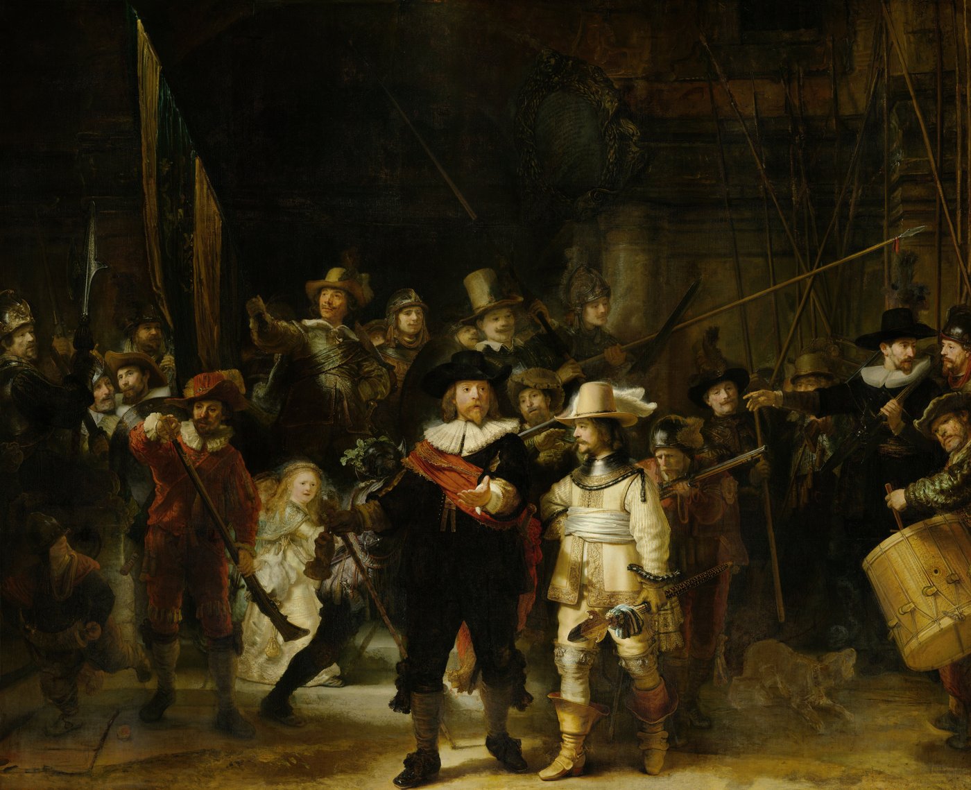 Rembrandt, Straż nocna (1642, Rijksmuseum) — portret grupowy zamieniony w dynamiczną narrację z dramatycznym światłem zamiast statycznej rejestracji · źródło: Wikimedia Commons, domena publiczna