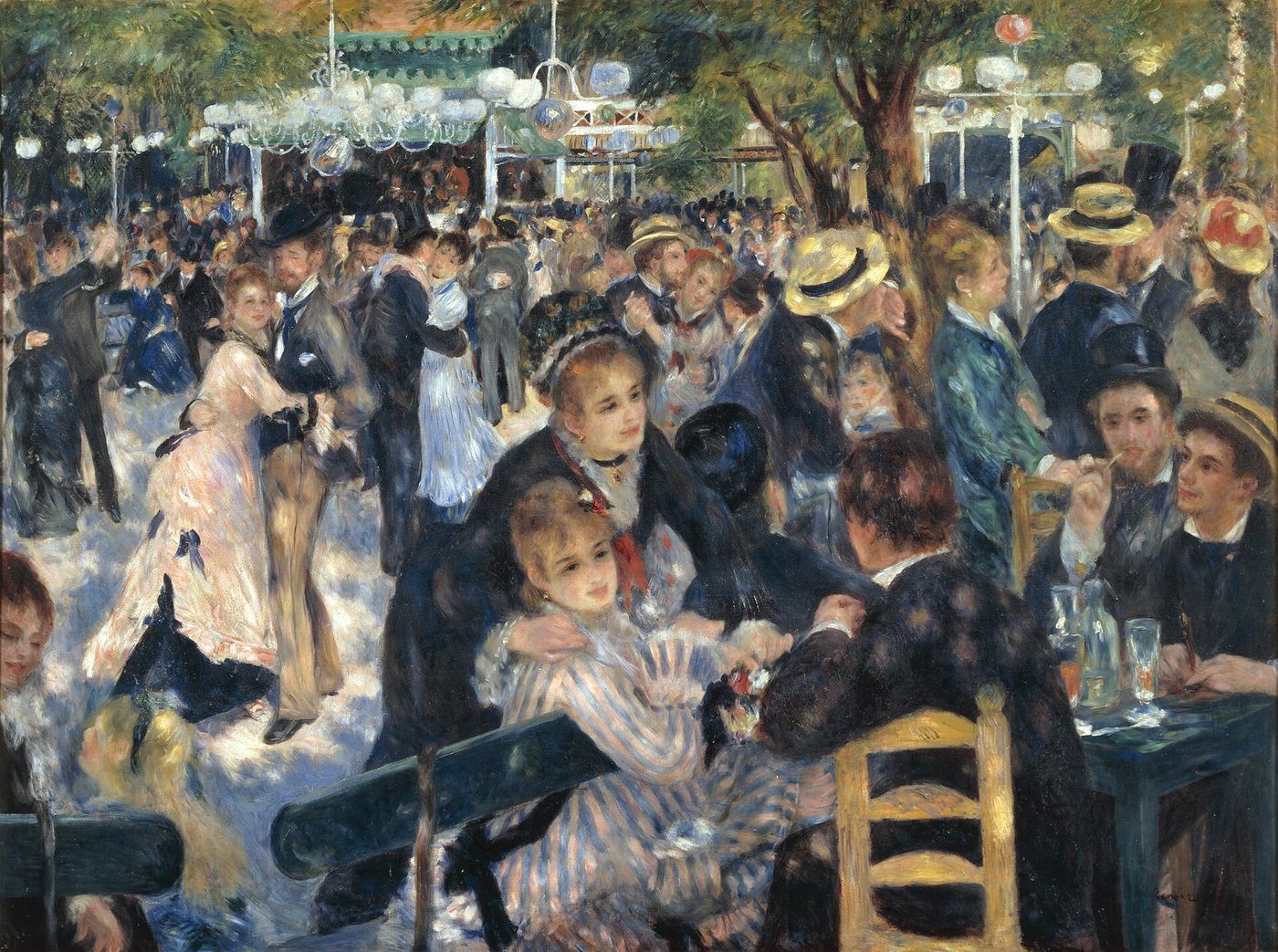 Renoir, Bal w Moulin de la Galette (1876, Musée d'Orsay) — niedzielne popołudnie na Montmartrze; światło przez liście kładzie błękitne i fioletowe plamy, brak centralnego bohatera · źródło: Pierre-Auguste Renoir, Wikimedia Commons, domena publiczna