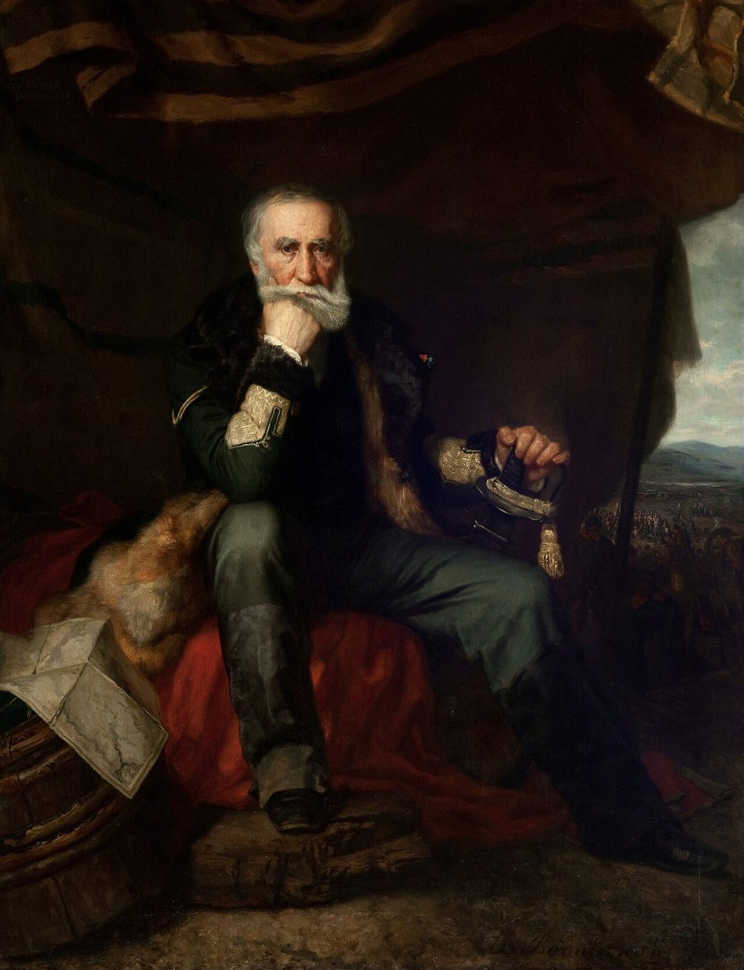 Henryk Rodakowski, Portret generała Henryka Dembińskiego (1852, Muzeum Narodowe w Krakowie) — generał siedzi zamyślony w namiocie, z dłonią przy brodzie; w tle toczy się bitwa · źródło: Muzeum Narodowe w Krakowie, Wikimedia Commons, domena publiczna