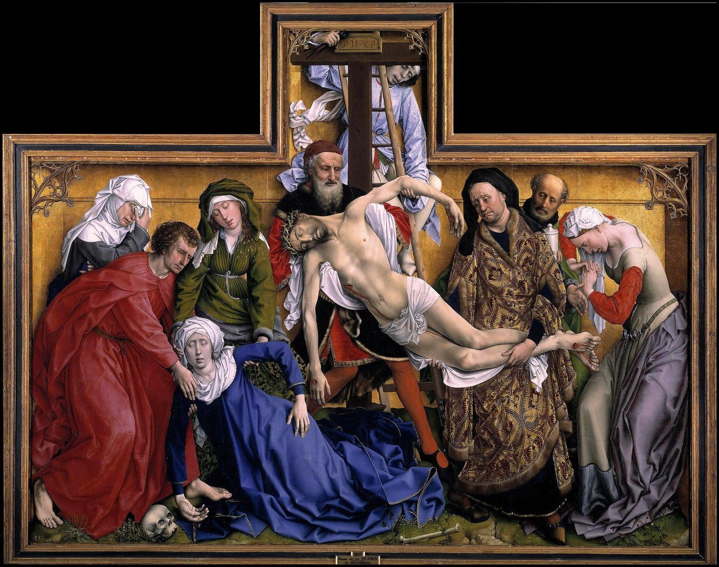 Rogier van der Weyden, Zdjęcie z krzyża (ok. 1435, Prado) — dziesięć postaci na złotym tle jak rzeźba ołtarzowa; ciało omdlałej Marii echem ciała Chrystusa (compassio) · źródło: Wikimedia Commons, domena publiczna