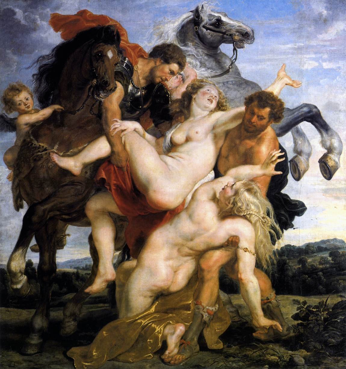 Rubens, Porwanie córek Leukippa (ok. 1617, Alte Pinakothek) — wirująca kompozycja diagonalna, ciepły koloryt i mięsiste, „rubensowskie" ciała · źródło: Wikimedia Commons, domena publiczna