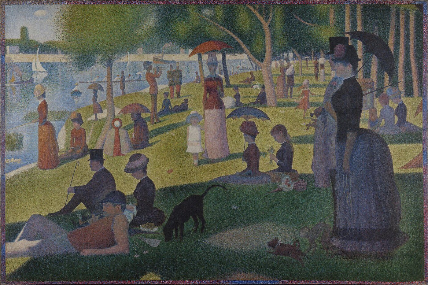 Georges Seurat, Niedzielne popołudnie na wyspie Grande Jatte (1884–86, Art Institute of Chicago) — setki tysięcy punktów czystego pigmentu mieszanych w oku widza; pointylizm jako metoda · źródło: Georges Seurat, Wikimedia Commons, domena publiczna