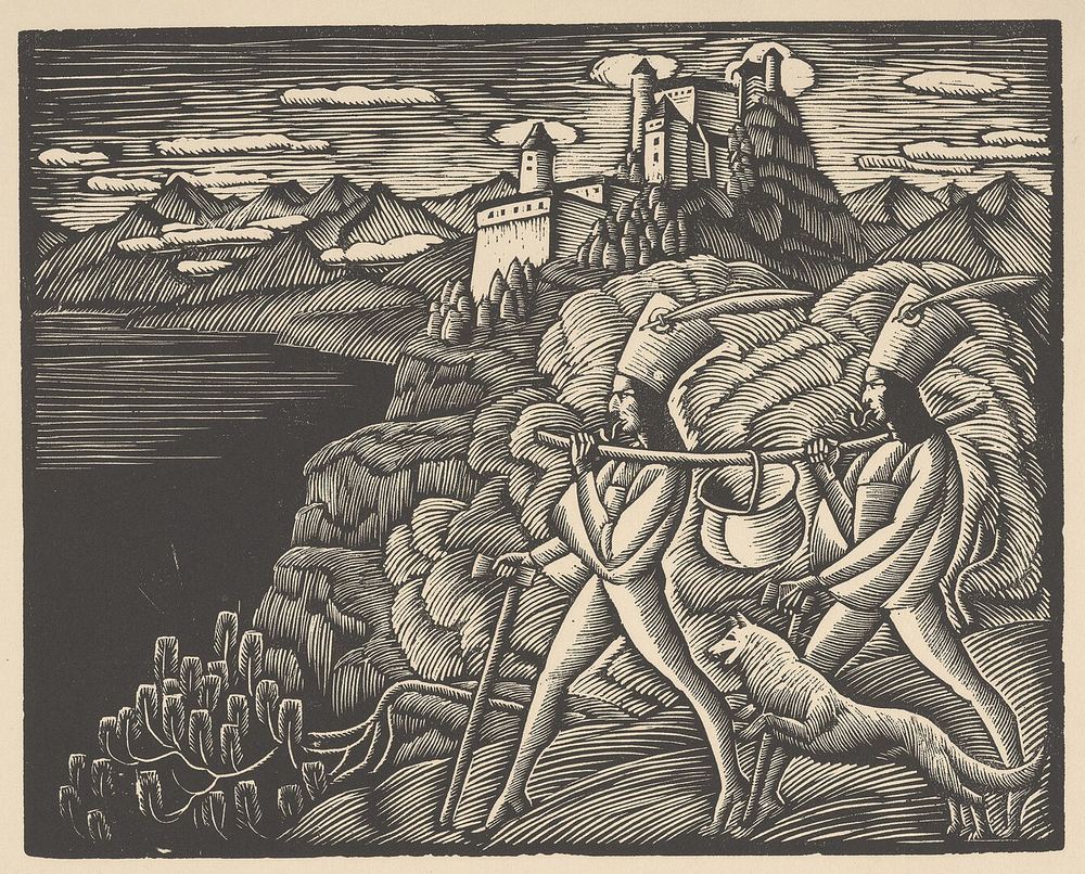 Władysław Skoczylas, Zbójnicy ze skarbem (1918), drzeworyt — dwaj zbójnicy niosą na drągu kocioł ze skarbem, w tle zamek na skale · źródło: Biblioteka Narodowa (Polona), Wikimedia Commons, domena publiczna