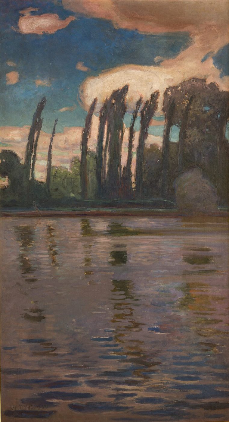 Jan Stanisławski, Topole nad wodą (1900, Muzeum Narodowe w Krakowie) — kilka smukłych topoli i obłoki odbite w wodzie, szybkie pociągnięcia pędzla · źródło: Muzeum Narodowe w Krakowie, Wikimedia Commons, domena publiczna