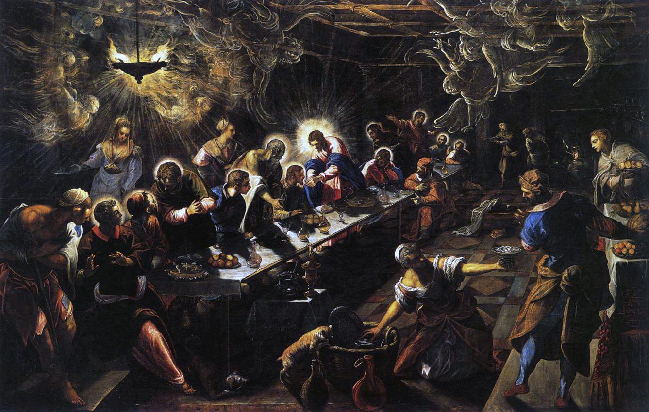 Jacopo Tintoretto, Ostatnia Wieczerza (1592–1594, San Giorgio Maggiore, Wenecja) — stół ustawiony ukośnie w głąb, ciemne wnętrze rozświetlają lampa i aureole, pod sufitem unoszą się świetliste anioły, obok krzątają się służący · źródło: Web Gallery of Art, Wikimedia Commons, domena publiczna