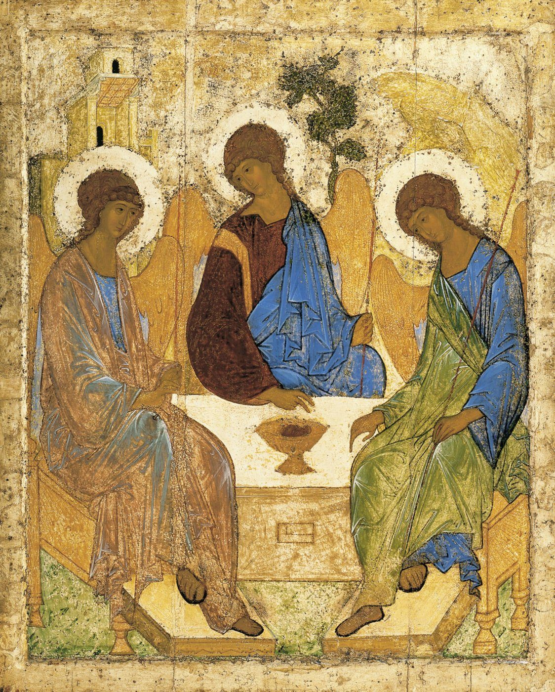Andrzej Rublow, Trójca Święta (ok. 1411, Galeria Tretiakowska) — trzej aniołowie u Abrahama jako obraz Trójcy; harmonia koła i błękitu, szczyt ruskiej ikony · źródło: Wikimedia Commons, domena publiczna