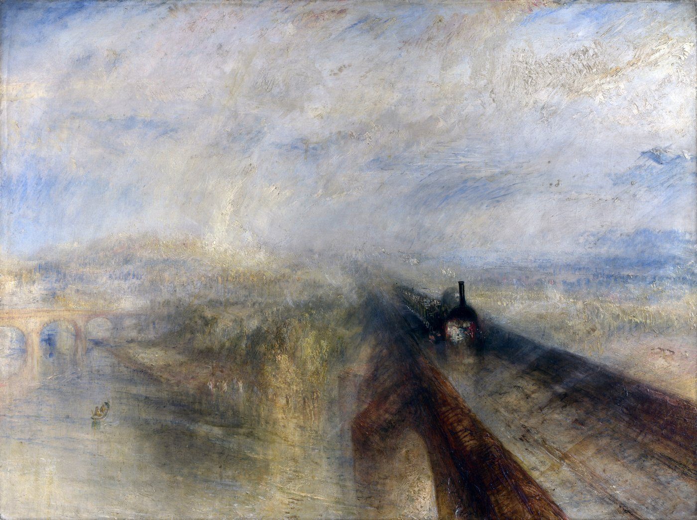 Turner, Deszcz, para i szybkość (1844, National Gallery) — pędząca lokomotywa rozpływa się w świetle i mgle; atmosfera ważniejsza od formy, zapowiedź impresjonizmu · źródło: Wikimedia Commons, domena publiczna
