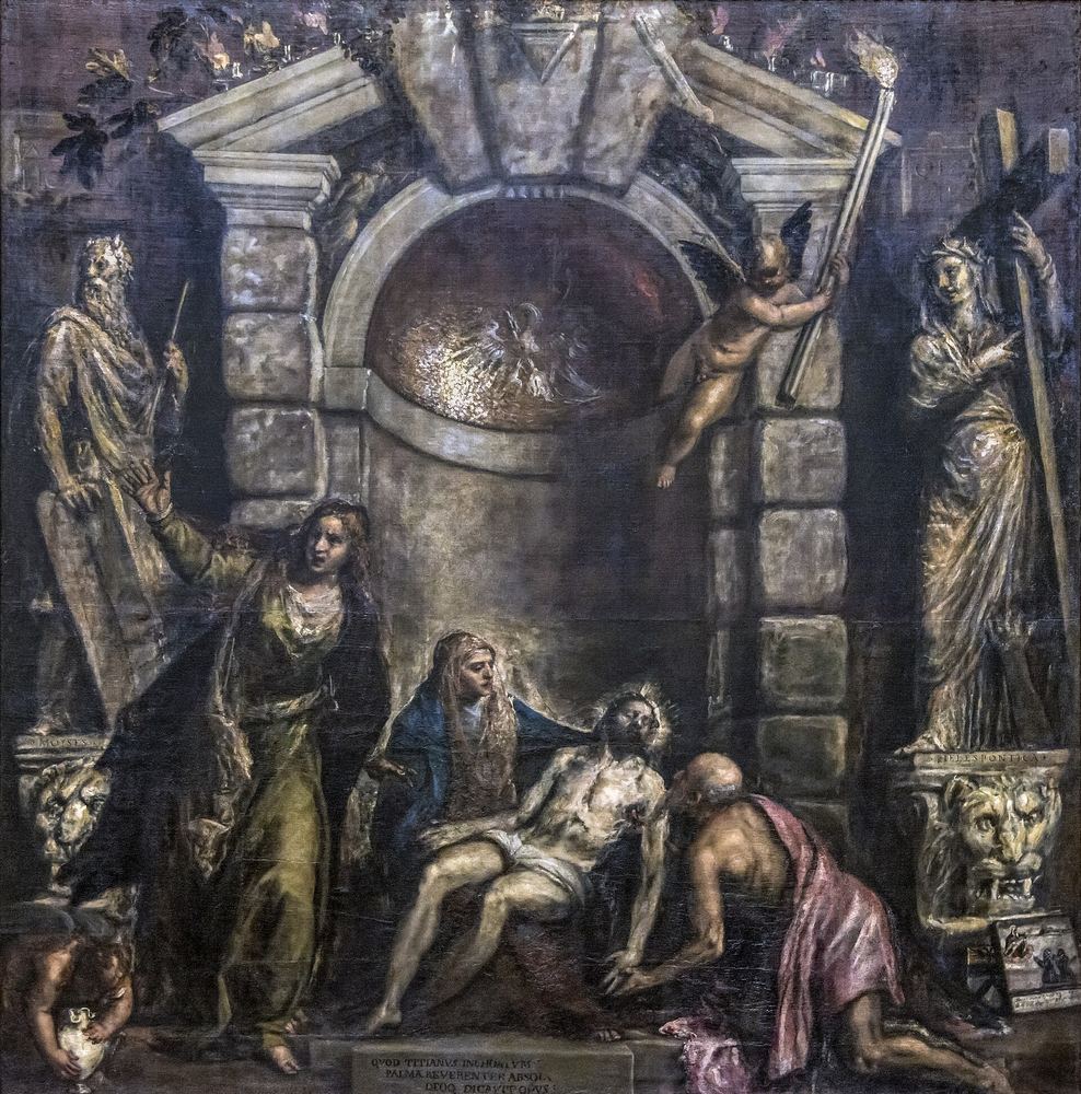 Tycjan, Pietà (ok. 1575–1576, Gallerie dell'Accademia, Wenecja) — ostatni obraz malarza: postacie wyłaniają się z mroku, farba położona luźno i szkicowo · źródło: fot. Didier Descouens, Wikimedia Commons, domena publiczna