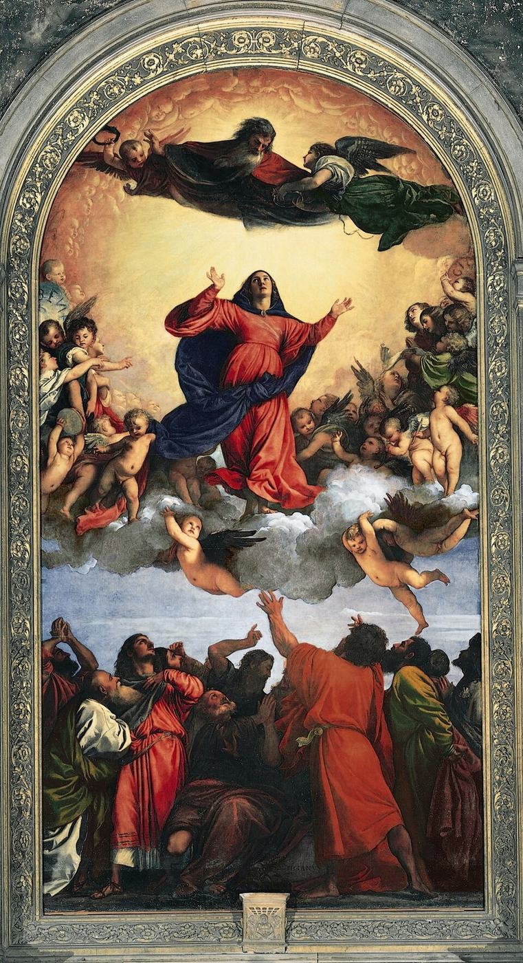 Tycjan, Wniebowzięcie (1516–1518, kościół Frari, Wenecja) — ołtarz w marmurowej ramie: u dołu apostołowie, pośrodku Maria unosząca się na obłoku, u góry Bóg Ojciec; nasycona czerwień i złote światło · źródło: Wikimedia Commons, domena publiczna