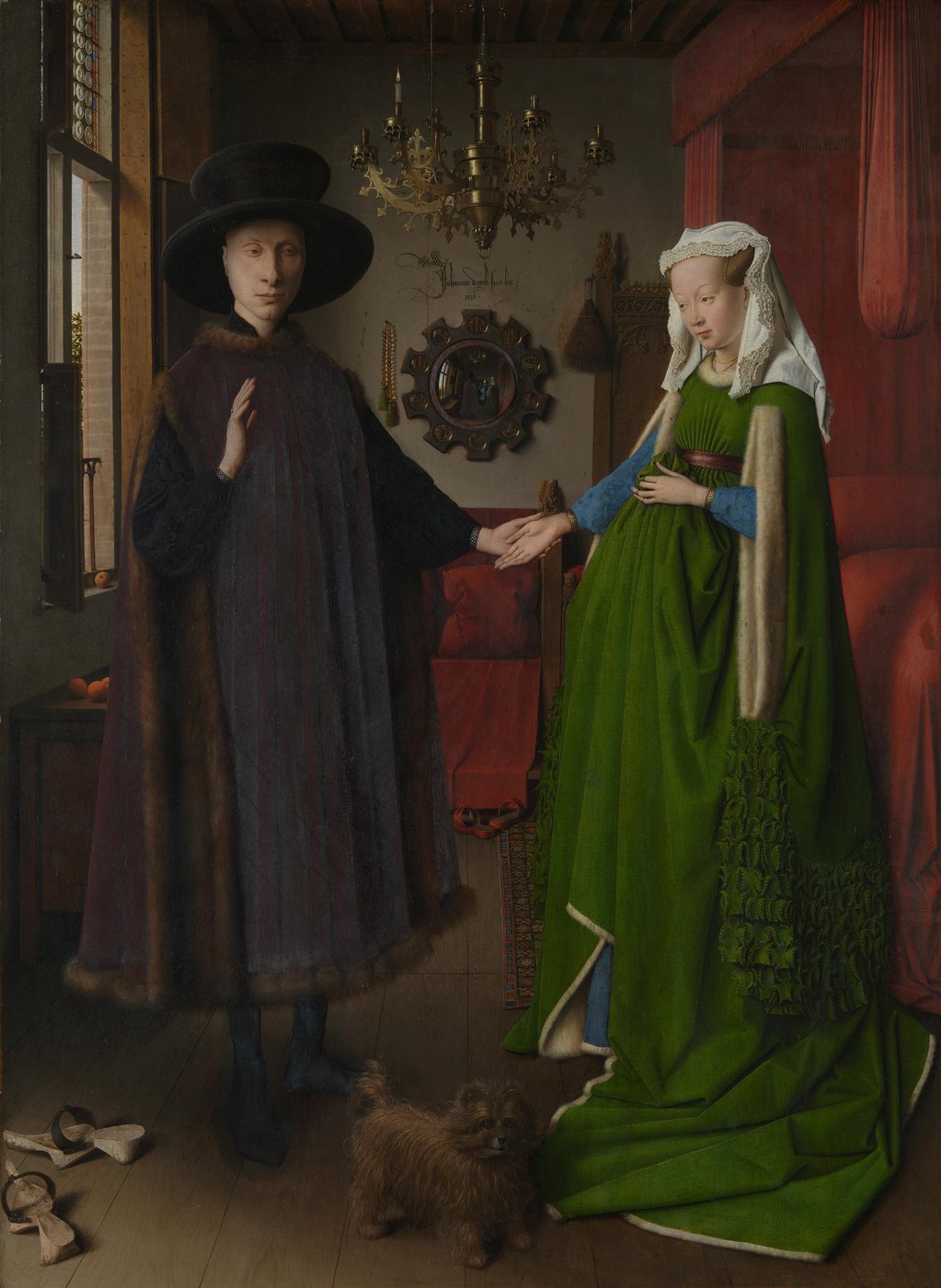 Jan van Eyck, Portret małżonków Arnolfini (1434, National Gallery, Londyn) — malarstwo olejne: głębia koloru, blask żyrandola i lustra, faktura futra i tkanin nieosiągalna w temperze · źródło: Wikimedia Commons, domena publiczna