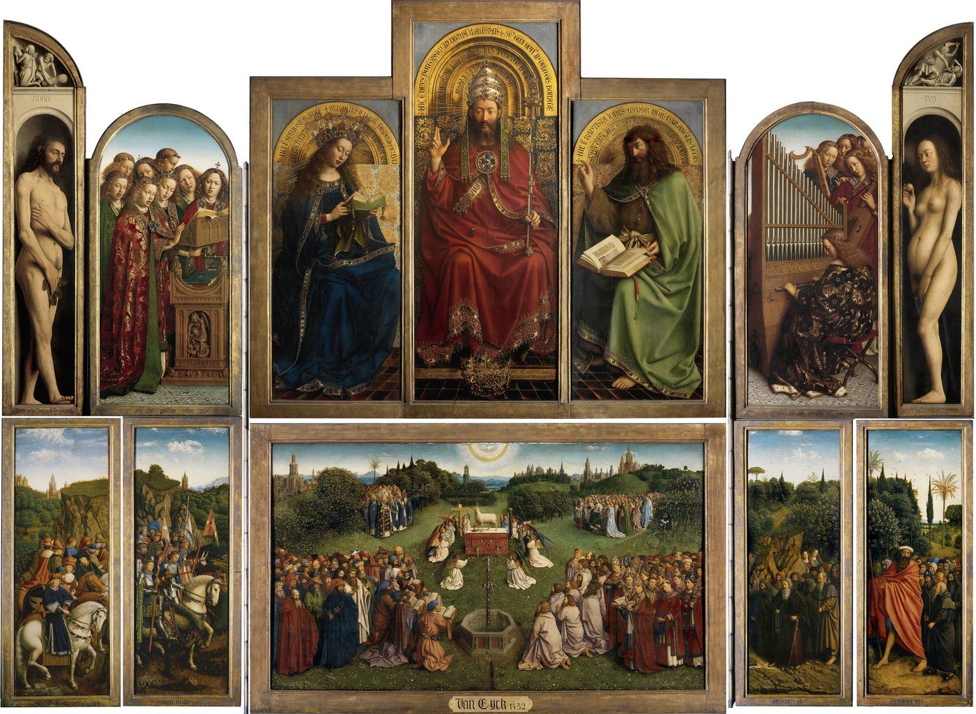 Jan i Hubert van Eyck, Ołtarz Gandawski (1432, stan otwarty) — ogromny poliptyk z Adoracją Baranka; technika olejna i realizm materiałów · źródło: Wikimedia Commons, domena publiczna
