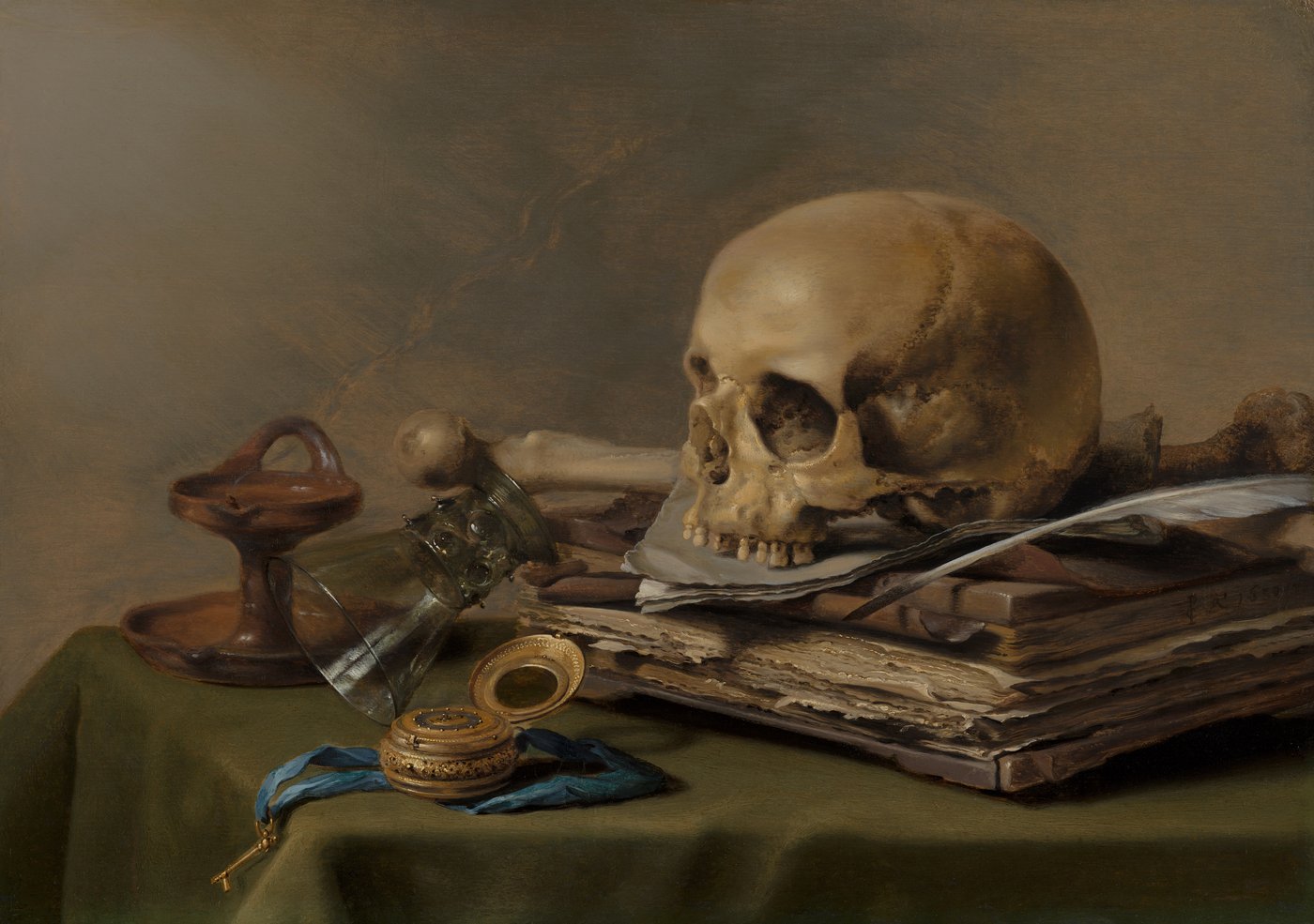 Pieter Claesz, Martwa natura vanitas (1630, Mauritshuis) — czaszka, przewrócony kielich i zgasła lampka: konkretne symbole przemijania (vanitas) · źródło: Wikimedia Commons, domena publiczna