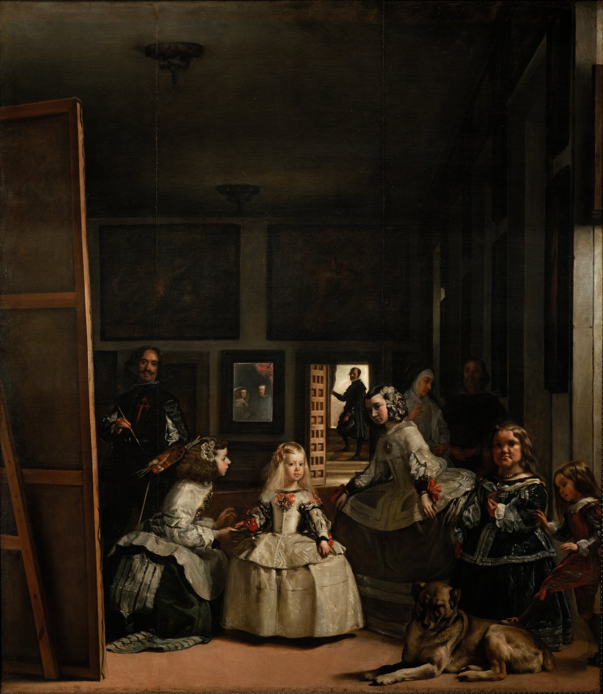 Velázquez, Las Meninas (1656, Prado) — infantka, malarz przy wielkim płótnie i para królewska odbita w lustrze w głębi; gra o to, kto jest podmiotem obrazu (mise en abyme) · źródło: Wikimedia Commons, domena publiczna