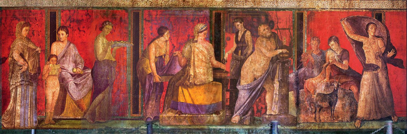 Fresk z Villa dei Misteri w Pompejach (II styl, I w. p.n.e.) — megalografia obrzędu dionizyjskiego na intensywnie czerwonym tle · źródło: Wolfgang Rieger, Wikimedia Commons, domena publiczna