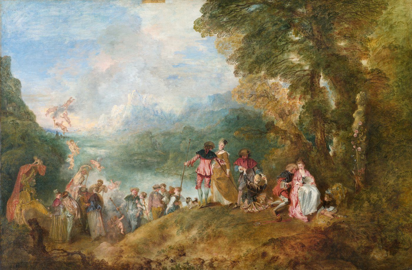 Watteau, Pielgrzymka na wyspę Cyterę (1717, Luwr) — fête galante: eleganckie towarzystwo i radość z nutą melancholii przemijania · źródło: Wikimedia Commons, domena publiczna