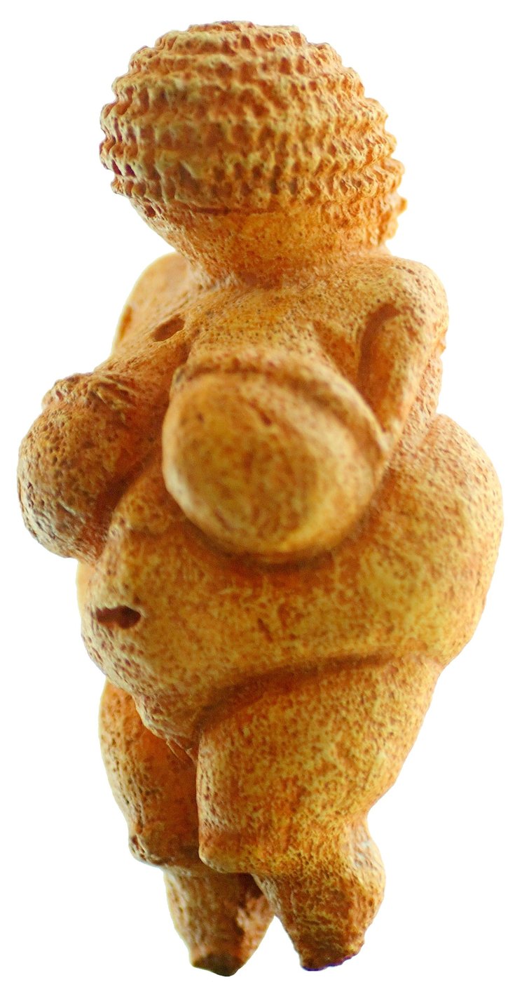 Wenus z Willendorfu (ok. 25 000 p.n.e., wapień, ~11 cm, Wiedeń) — wyolbrzymione piersi, biodra i brzuch; twarz i stopy pominięte (symbol płodności) · źródło: MatthiasKabel, Wikimedia Commons, CC BY-SA 3.0