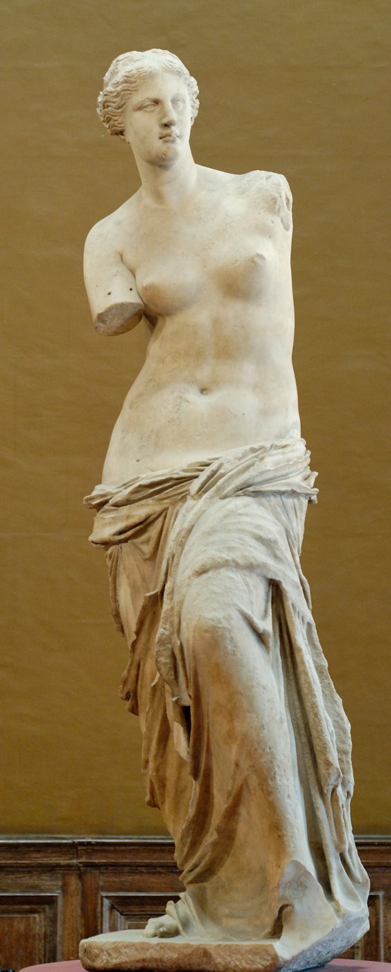 Wenus z Milo (ok. 130–100 p.n.e., Luwr) — Afrodyta o klasycznych proporcjach z hellenistycznym skrętem bioder · źródło: Jastrow, Wikimedia Commons, domena publiczna