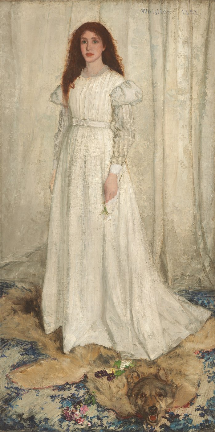 Whistler, Symfonia w bieli nr 1: Biała dziewczyna (1861–62, National Gallery of Art) — biel na bieli jako harmonia kolorystyczna, nie narracja; zapowiedź „sztuki dla sztuki" · źródło: James McNeill Whistler, Wikimedia Commons, domena publiczna