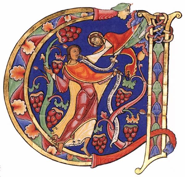 Inicjał z Biblii z Winchester (ok. 1160–1175) — iluminacja anglo-normandzka: intensywne barwy, dynamiczny zarys, manieryczne fałdy szat z domieszką bizantyjską · źródło: Winchester Cathedral Library, Wikimedia Commons, domena publiczna