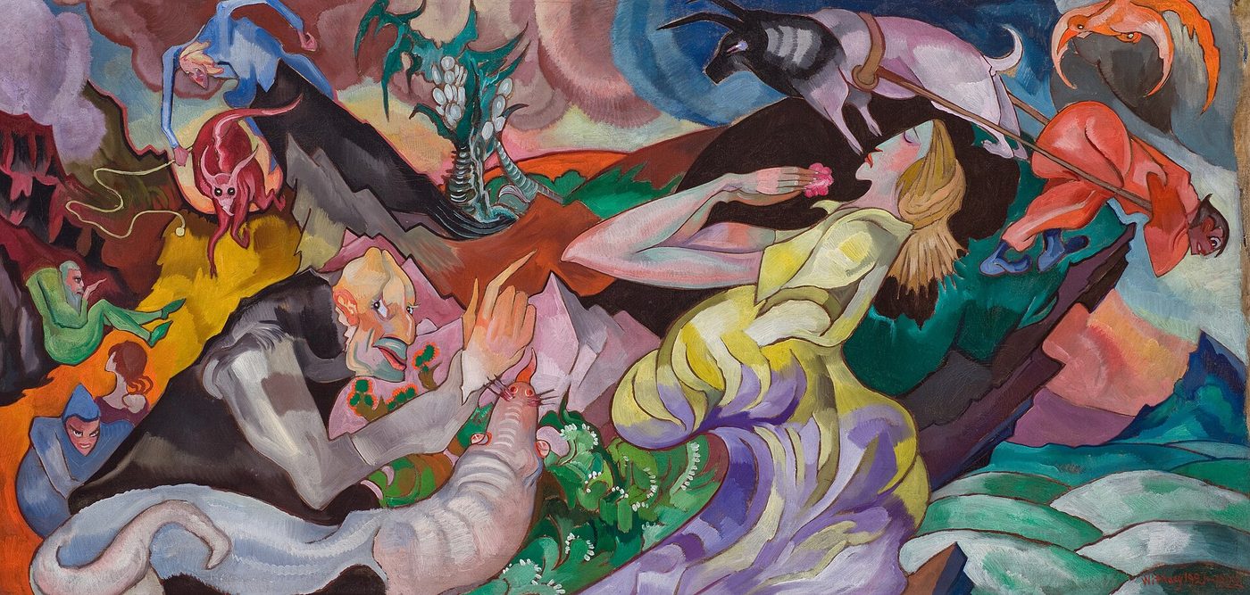 Witkacy, druga wersja Kuszenia św. Antoniego (1921–1922, Muzeum Narodowe w Krakowie) — jaskrawa, fantastyczna kompozycja zdeformowanych postaci i stworów · źródło: Wikimedia Commons, domena publiczna