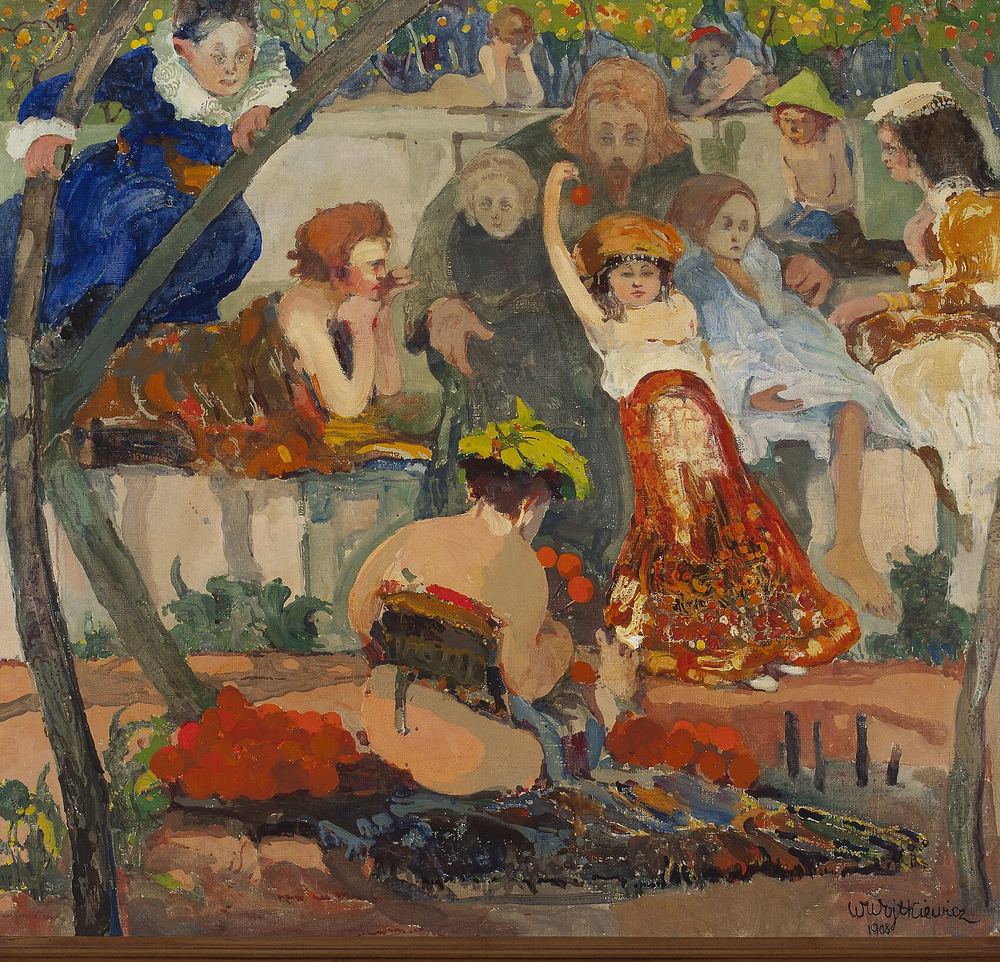 Witold Wojtkiewicz, Chrystus i dzieci z cyklu Ceremonie (1908, Muzeum Narodowe w Warszawie) — lalkowate postacie dzieci i dorosłych w teatralnej, sennej scenie · źródło: Muzeum Narodowe w Warszawie, Wikimedia Commons, domena publiczna