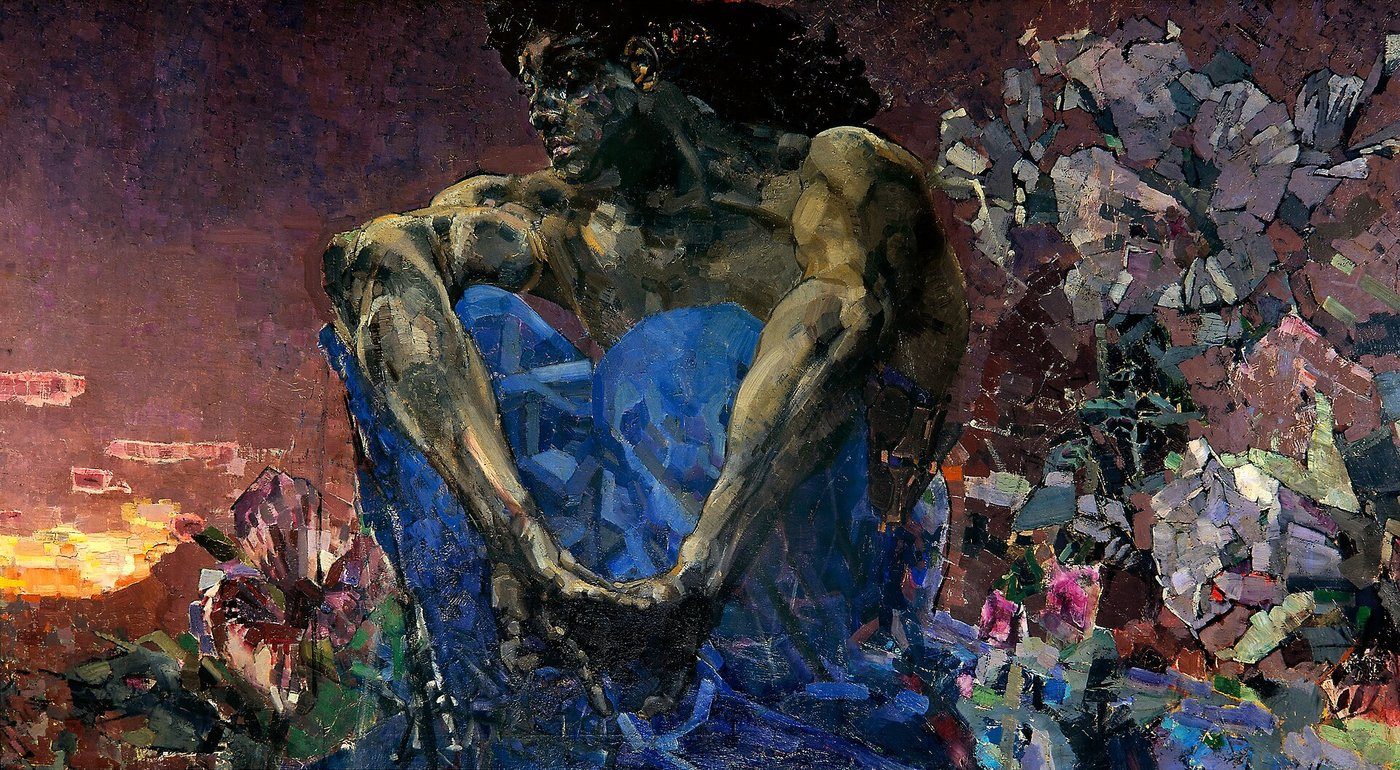 Michaił Wrubel, Demon siedzący (1890, Galeria Tretiakowska) — upadły anioł Lermontowa jako melancholia i tragiczna piękność; technika mozaikowa jak zepsute szkło · źródło: Michaił Wrubel, Wikimedia Commons, domena publiczna