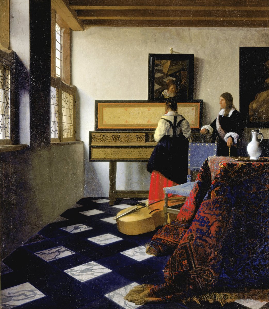 Johannes Vermeer „Lekcja muzyki” (ok. 1662–64) — alegoria muzyki domowej · źródło: Johannes Vermeer, Wikimedia Commons, domena publiczna