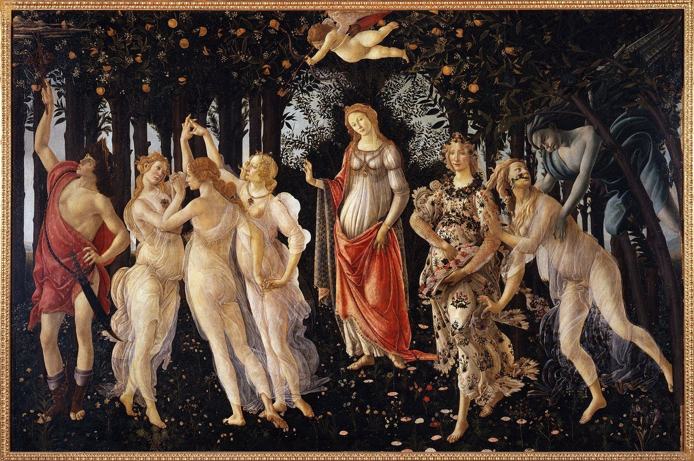 Sandro Botticelli, Wiosna (tempera, ok. 1477–82, Uffizi) — tempera jajeczna: kontury twarde, barwy matowe i czyste, modelunek kreskowy bez miękkiego rozmycia · źródło: Sandro Botticelli, Wikimedia Commons, domena publiczna