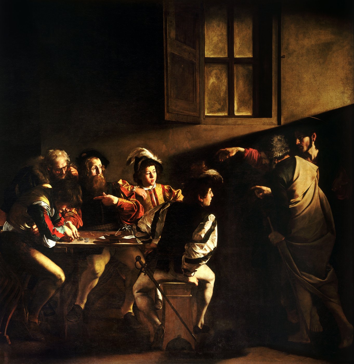 Caravaggio, Powołanie św. Mateusza (1600) — chiaroscuro: postaci wyłaniają się z ciemności w ukośnym snopie światła; ostry kontrast walorowy prowadzi wzrok · źródło: Caravaggio, Wikimedia Commons, domena publiczna