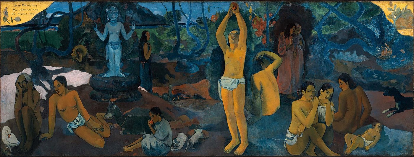 Paul Gauguin, Skąd przychodzimy? (Tahiti) — postimpresjonizm: płaskie, intensywne plamy koloru, inspiracja kulturami spoza Europy · źródło: Paul Gauguin, Wikimedia Commons, domena publiczna