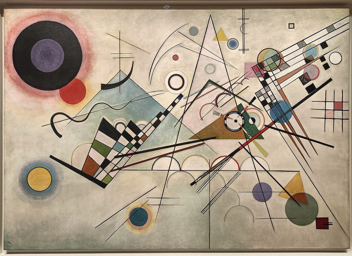 Wassily Kandinsky, Kompozycja VIII (1923) — emocje bez tematu: niesie je sama barwa, kontrast i kształt, jak dźwięki w muzyce · źródło: Wassily Kandinsky, Wikimedia Commons, CC0