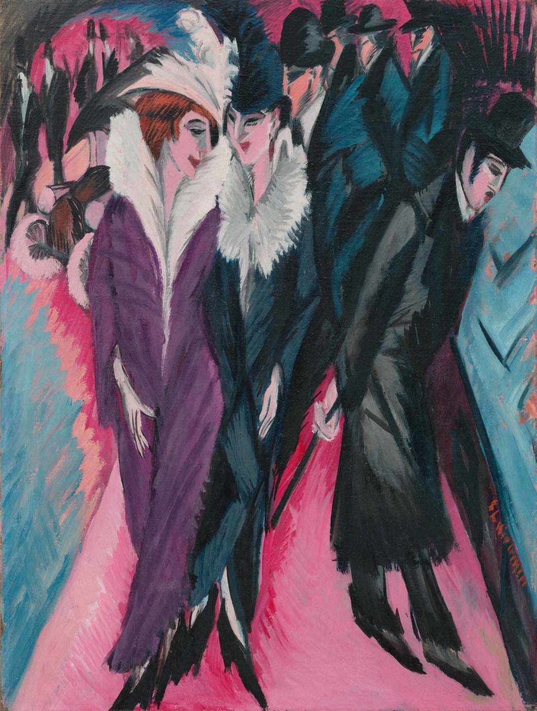 Ernst Ludwig Kirchner, Ulica berlińska (1913) — ekspresjonizm: niepokój i napięcie wyrażone odkształceniem formy, ostrym kolorem i krawędziowym konturem · źródło: E. L. Kirchner, Wikimedia Commons, domena publiczna