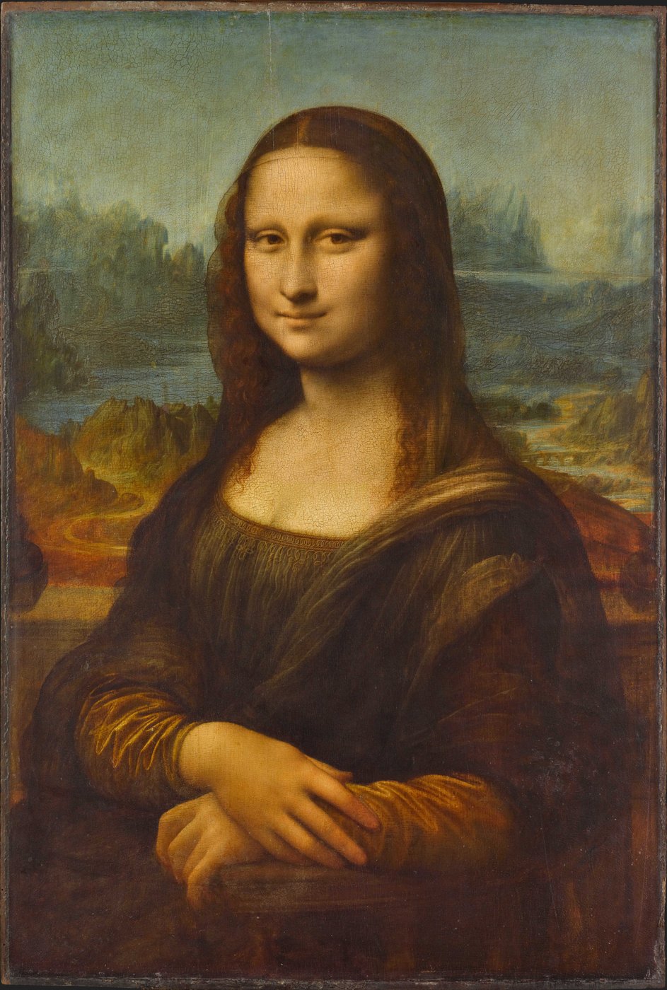 Leonardo da Vinci, Mona Lisa — sfumato: kąciki ust i oczu rozmyte bez granicy, dlatego uśmiech jest nieuchwytny; w tle perspektywa powietrzna · źródło: Leonardo da Vinci, Wikimedia Commons, domena publiczna