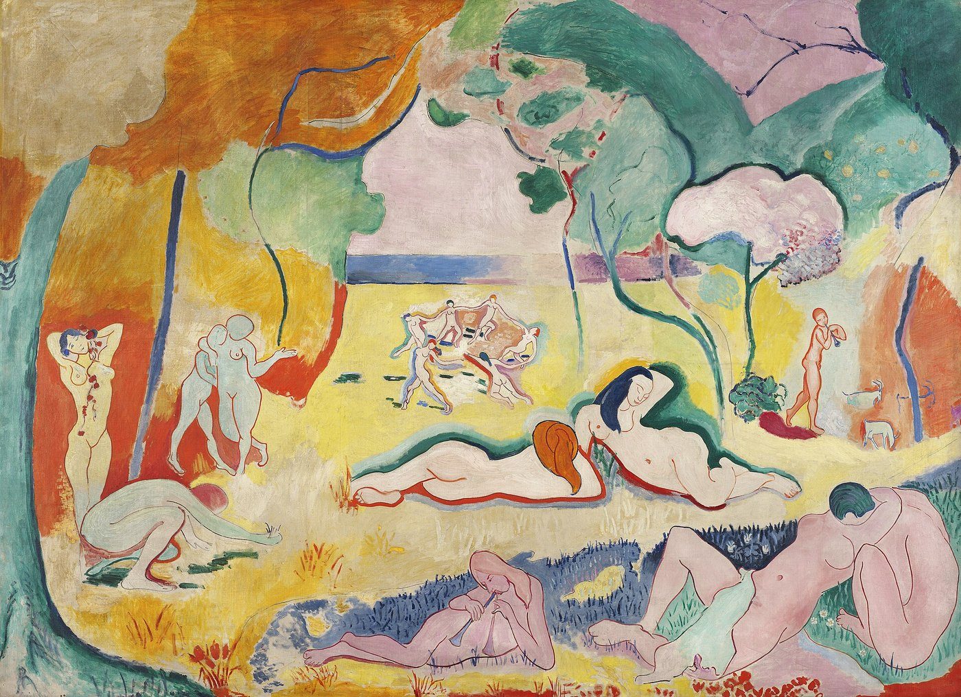 Henri Matisse, Radość życia (1905–06) — wczesny Matisse fowistyczny: czysty, autonomiczny kolor i płaska, zdecydowana forma; punkt wyjścia do późniejszych wycinanek · źródło: Henri Matisse, Wikimedia Commons, domena publiczna