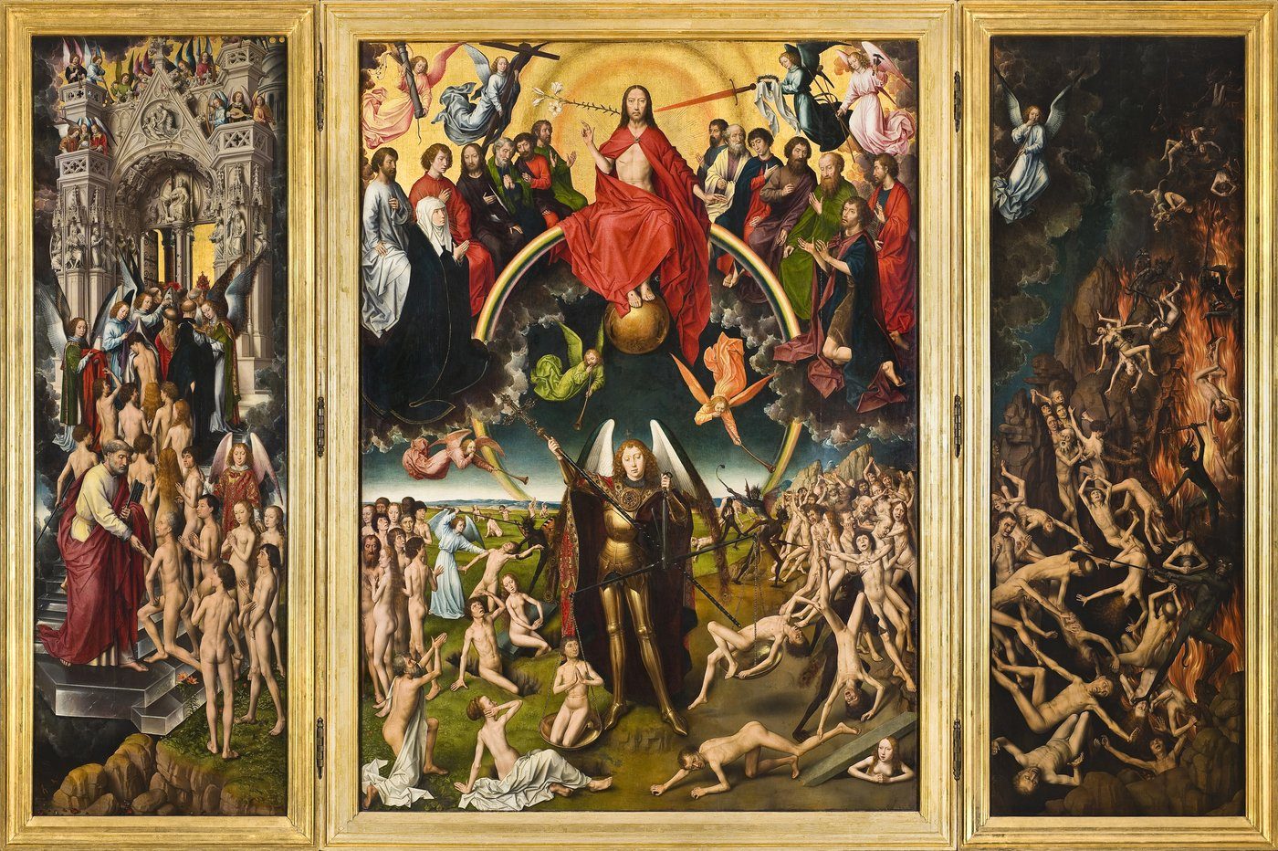 Hans Memling, Sąd Ostateczny (ok. 1467–71, Gdańsk) — kompozycja symetryczna, zamknięta i statyczna; Chrystus w centrum jako oś; buduje majestat i niezmienność · źródło: Hans Memling, Wikimedia Commons, domena publiczna