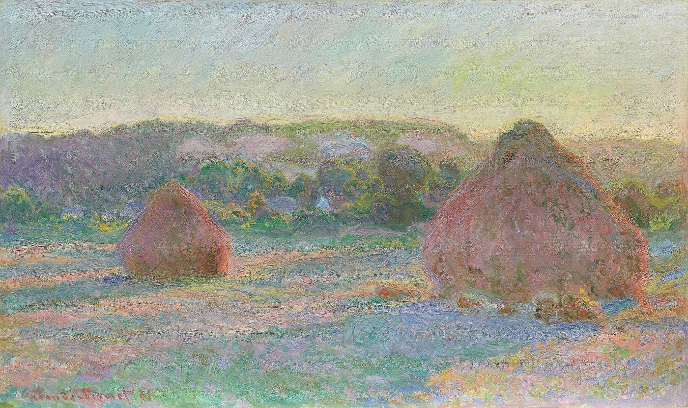 Claude Monet, Stogi siana — kontrast ciepło–zimno: ciepłe pomarańcze stogów wobec zimnych, fioletowych cieni; cień ma barwę, nie jest szary · źródło: Claude Monet, Wikimedia Commons, domena publiczna