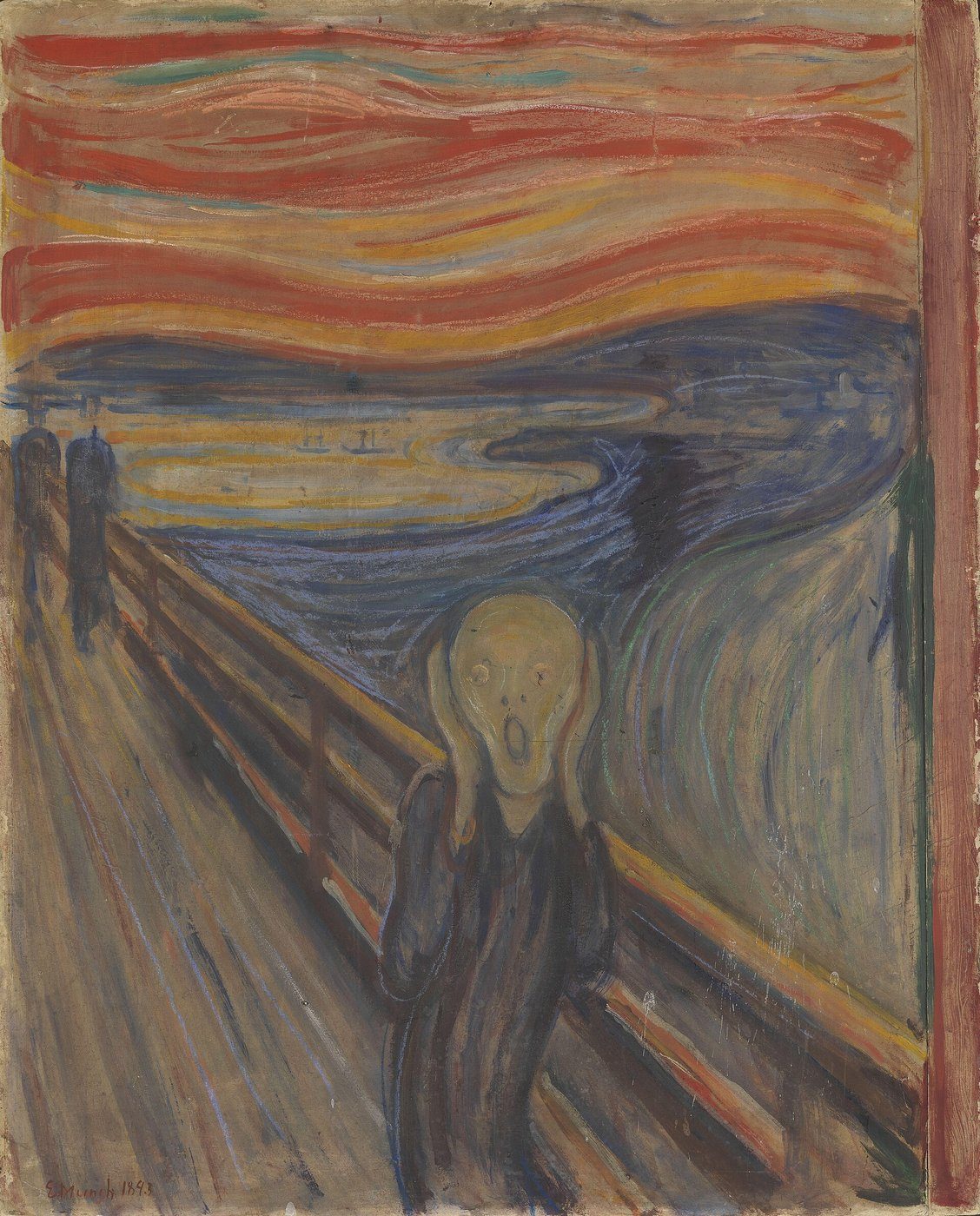 Edvard Munch, Krzyk (1893) — ćwiczenie trzech poziomów: opis (postać na pomoście, krwawe niebo) → środki (faliste linie tła vs pionowa belka) → interpretacja (lęk egzystencjalny) · źródło: Edvard Munch, Wikimedia Commons, domena publiczna
