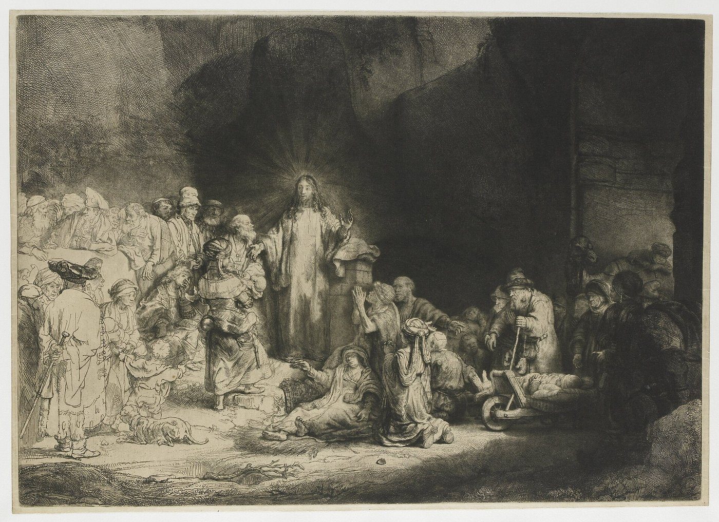 Rembrandt, Rycina za sto guldenów (akwaforta z suchą igłą, ok. 1648) — druk wklęsły: igła rysuje swobodnie jak piórem, miękkie półtony i bogaty walor · źródło: Rembrandt, Wikimedia Commons, domena publiczna
