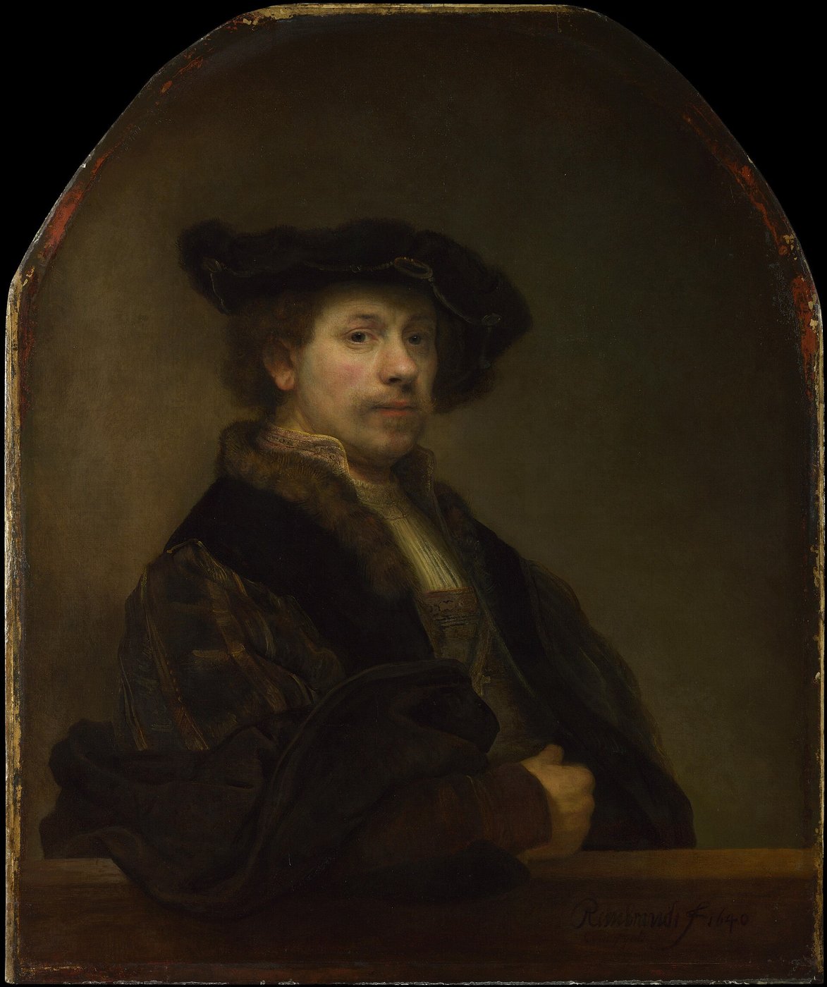 Rembrandt, Autoportret w wieku 34 lat (1640) — światłocień buduje twarz wyłaniającą się z ciemności; impast (gęsta farba) daje realny relief tam, gdzie pada blask · źródło: Rembrandt, Wikimedia Commons, domena publiczna