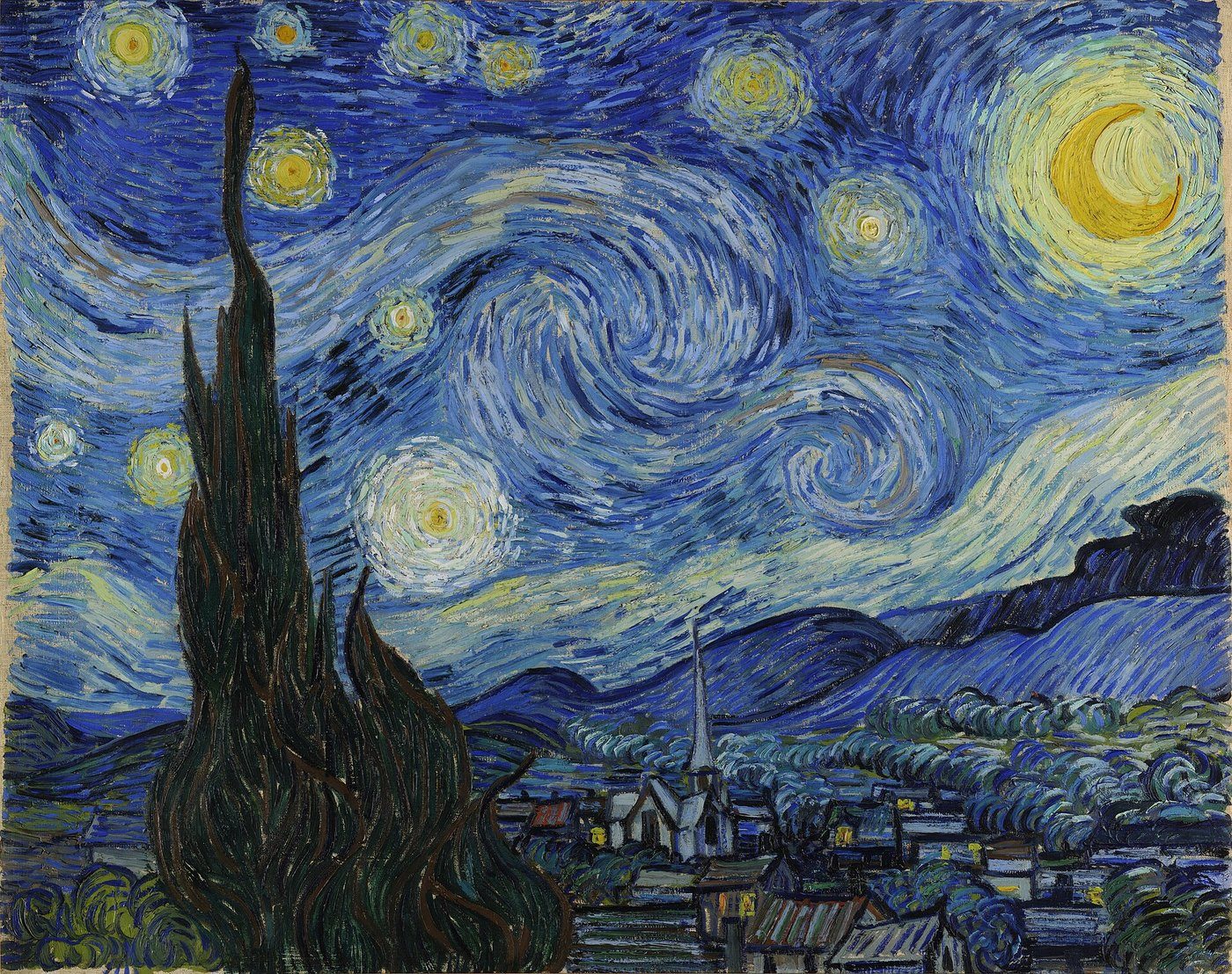 Vincent van Gogh, Gwiaździsta noc (1889) — żółć i błękit to barwy dopełniające; ich zestawienie sprawia, że gwiazdy wibrują na niebie · źródło: Vincent van Gogh, Wikimedia Commons, domena publiczna