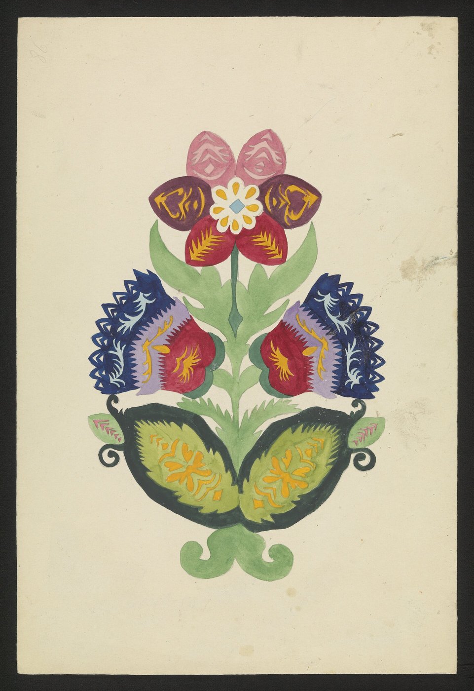 Wycinanka łowicka (Mazowsze) — sztuka ludowa: symetryczne, wielobarwne wzory z papieru (koguty, kwiaty, drzewa życia), jaskrawe żółcie, czerwienie, zielenie · źródło: Wikimedia Commons, domena publiczna