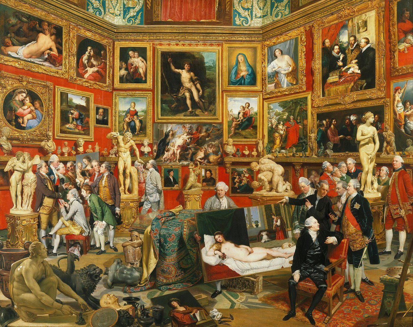 Johan Zoffany, Trybuna w Uffizi (1772–78) — dawny sposób ekspozycji: gęste zawieszenie „od podłogi po sufit"; przeciwieństwo dzisiejszego white cube · źródło: Johan Zoffany, Wikimedia Commons, domena publiczna