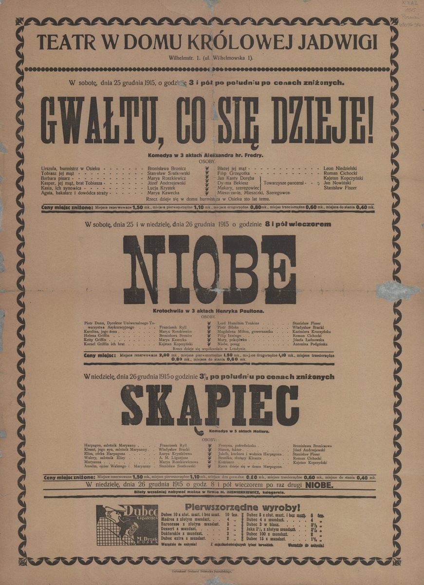 Afisz teatralny z Poznania (25 grudnia 1915) zapowiadający komedie Fredry i Moliera — przykład teatralnego paratekstu jako znaku · źródło: autor nieznany, Wikimedia Commons, domena publiczna