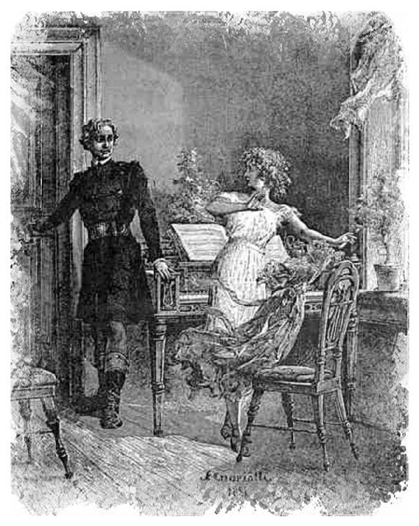Michał Elwiro Andriolli, ilustracja do „Pana Tadeusza" (Księga I, 1881) — powrót Tadeusza do Soplicowa · źródło: Michał Elwiro Andriolli, Wikimedia Commons, domena publiczna