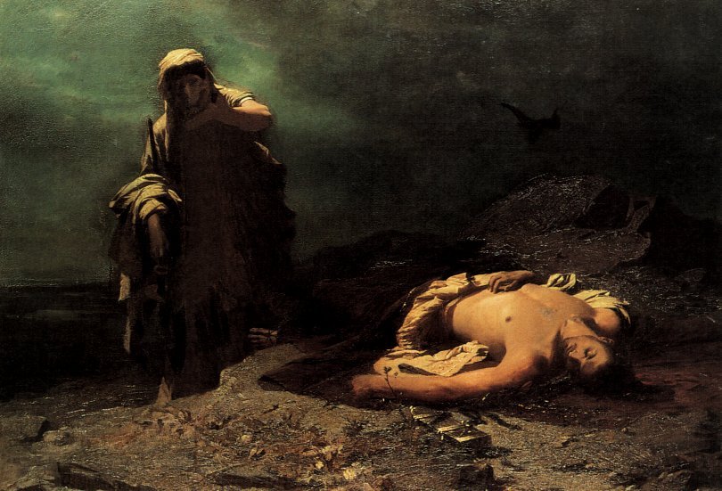 Antygona przy ciele Polinejkesa (Nikiforos Lytras, 1865): bohaterka łamie zakaz Kreona, by pochować brata — sedno konfliktu tragicznego. · źródło: Nikiforos Lytras, Wikimedia Commons, domena publiczna