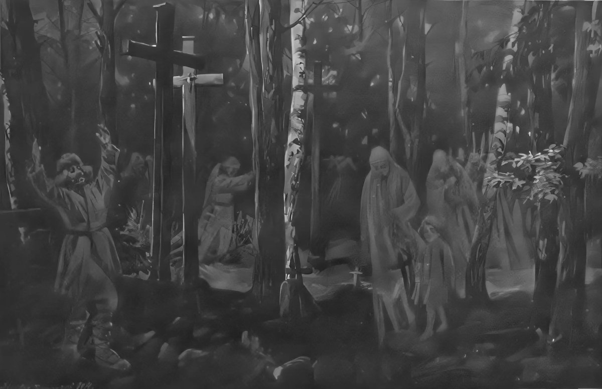Stanisław Bagieński, „Cmentarz w noc Dziadów" (1904) — ludowy obrzęd przywoływania duchów, rama „Dziadów" · źródło: Stanisław Bagieński, Wikimedia Commons, domena publiczna
