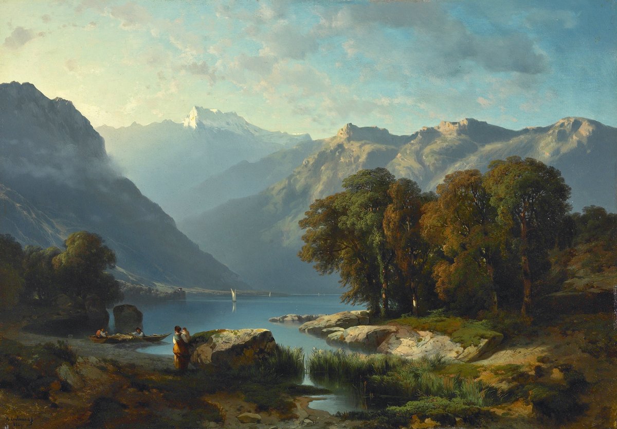 Alexandre Calame, „Widok Jeziora Genewskiego" (1849) — szwajcarski pejzaż okolic Lozanny, gdzie powstały liryki lozańskie · źródło: Alexandre Calame, Wikimedia Commons, domena publiczna