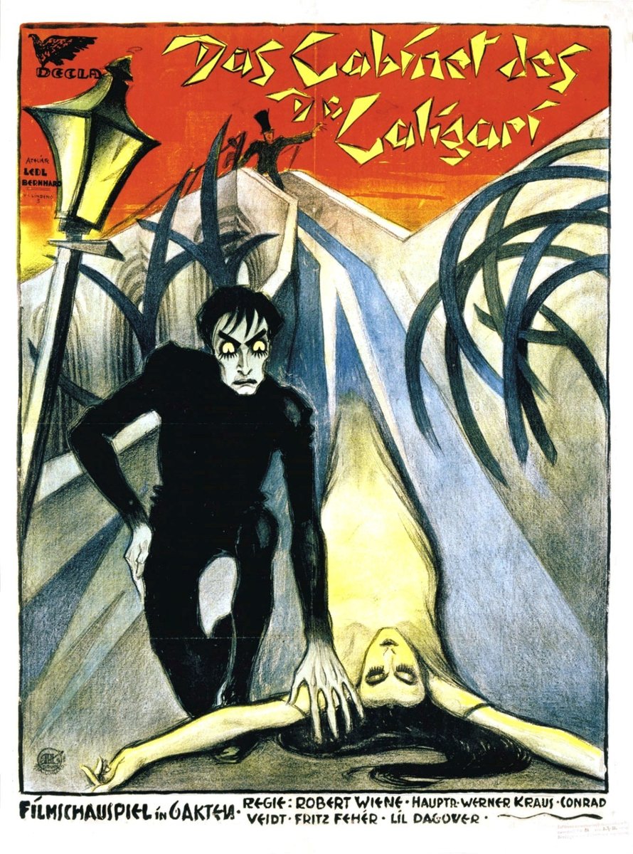 Plakat ekspresjonistycznego filmu „Gabinet doktora Caligari” (1920) — przykład budowania nastroju i narracji środkami wizualnymi · źródło: Atelier Ledl Bernhard, Wikimedia Commons, domena publiczna